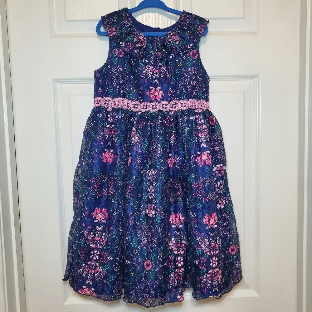 Laura Ashley London Girls 6x Floral Lace Overlay Fit & Flare Navy Pink Dress